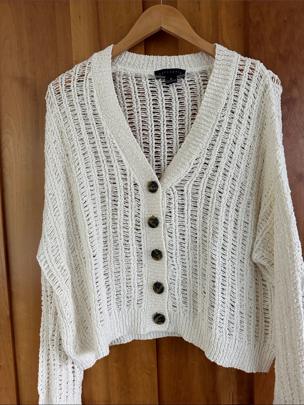 Sanctuary Open-Knit V-Neck Button Cardigan - Cream